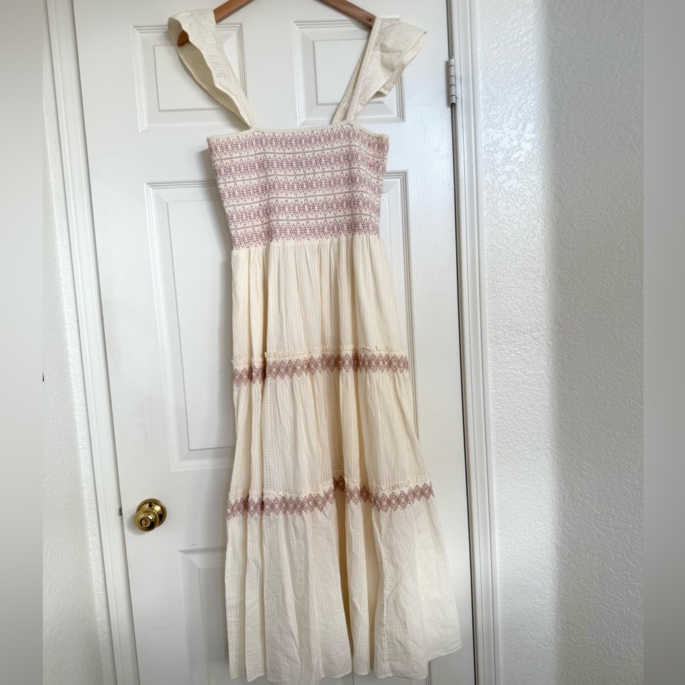 Madewell Lucie Smocked Tiered Midi Dress Small Ivory Cream Pink - Picture 3 of 9